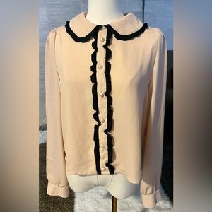 Forever 21 Cream Blouse with Black Ruffle Trim